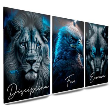 Imagem de Kit 3 Quadro Decorativo Sala Quarto Leão Águia Lobo Motivacional Disciplina Foco Execução (01)