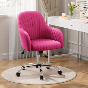 Imagem de Warmiehomy Cadeira de mesa de veludo para escritório em casa, cadeira de trabalho giratória ajustável moderna, cadeiras femininas com descanso de braço para quarto de vestiário, Barbie rosa