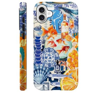 Imagem de Kiritfox Capa compatível com iPhone 16, tubarão peixe concha fruta colagem capa rígida híbrida de 2 camadas, macia à prova de choque para meninas mulheres meninos homens, capa para iPhone 16