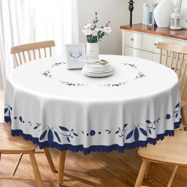 Imagem de TTQYFNM Toalha de mesa redonda branca azul marinho 137 cm, minimalismo, folhas azuis, bordadas, fazenda, círculo, impermeável, resistente a manchas, capa de mesa para cozinha, sala de jantar, pátio