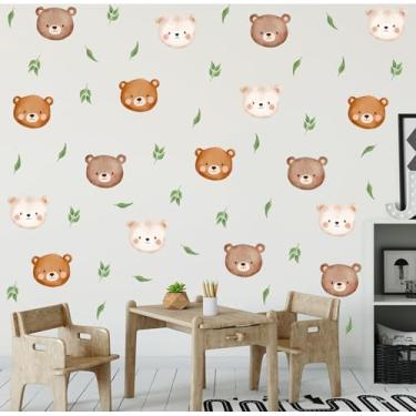 Imagem de OLMIXA Adesivo de parede adorável com cabeça de urso, animais da floresta com folhas verdes, arte de parede com tema de urso de vinil para chá de bebê, quarto, sala de jogos, decoração de berçário