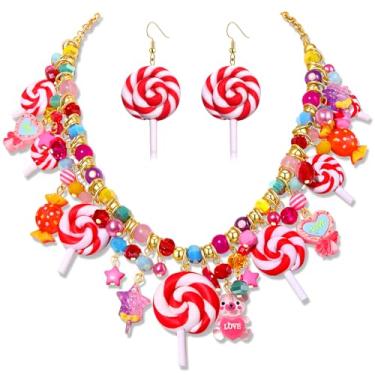 Imagem de XOCARTIGE Brincos de colar de doces para mulheres, colar de bengala doce de Natal, brincos de pirulito, acessórios de fantasia Candyland, roupas de Halloween, Natal, lembrancinhas de festa de