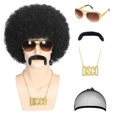 Imagem de ELETAMQ Peruca Afro Para Homens, Conjunto Com 5 Peças (Peruca + Óculos Colar Disco Bigode Boné), Fantasia Masculina Dos Anos 70, Natural, Fofa, Curta, Cacheada, Preta, Sintética, Halloween, Natal, C