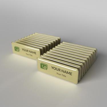 Imagem de Crachás de metal reutilizáveis de 2,5 cm x 7,6 cm - Kit de 20 crachás (placas, inserções, ímãs, capas de lente, software) (placa dourada com folha de inserção para impressora a laser)