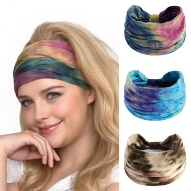 Imagem de Alexis Leroy Bandanas femininas fashion boho tie dye faixas de cabelo antiderrapantes elásticos acessórios de cabelo, pacote com 3, conjunto de estilo natural