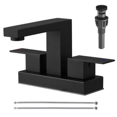 Imagem de VOTON Torneira de pia de banheiro de 4 polegadas preto fosco torneiras de banheiro para pia 2 ou 3 furos com ralo pop-up e linhas de suprimento, torneira de banheiro 304 de aço inoxidável 2 alças RV