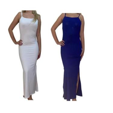 Imagem de Kit c/2 Vestidos Longo Canelado com Fenda - Empório J, Branco, Royal, 