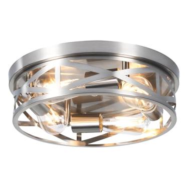 Imagem de WYNEYET Luminárias de teto de 33 cm, luz de teto de montagem embutida de níquel escovado com 4 luzes, cruz de gaiola de metal moderna, casa próxima a luzes de teto para cozinha, quarto, hall de