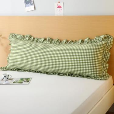 Imagem de Silnuo Capa de travesseiro de corpo xadrez verde/branco com babados, algodão lavado, casa de fazenda, guingão, 1 peça de fronha para sala de estar 51 x 137 cm