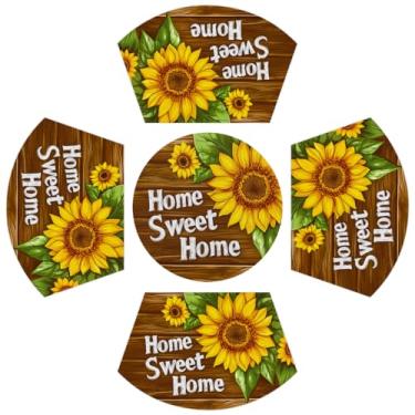 Imagem de Jogo americano de mesa redonda, conjunto de 5 com tapete redondo de mesa central, flor de girassol, madeira, resistente ao calor, antiderrapante, para cozinha, mesa de jantar, decoração de festa