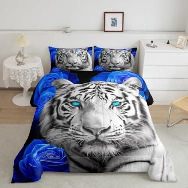 Imagem de Homewish Conjunto de edredom infantil com estampa de tigre branco, flores azuis, romântico, rosa, para quarto de adolescentes, 3D, animal selvagem, estilo africano, conjunto de edredom acolchoado com