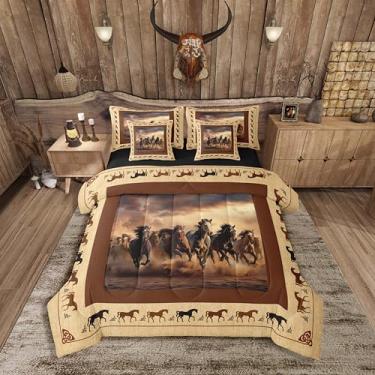 Imagem de Feelyou Conjunto de edredom com 7 peças, cama king size, cavalo galopante, para meninos, caubói ocidental, rústico, casa de fazenda, animal fofo, conjunto de cama marrom com edredom, conjunto de