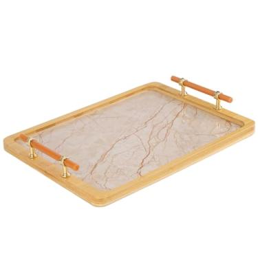 Imagem de JUPELI Bandeja de servir de bambu de 40,6 cm x 30,5 cm com alças – Bandeja retangular decorativa com padrão de mármore para mesa de café, cozinha, penteadeira, banheiro ou otomano – perfeita para