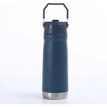 Imagem de Garrafa Térmica 650ml Inox Com Tampa Alça Canudo Isolamento a Vácuo Parede Dupla À Prova De Vazamentos Bebidas Quentes E Frias Academia Escritório Viagens (Azul)