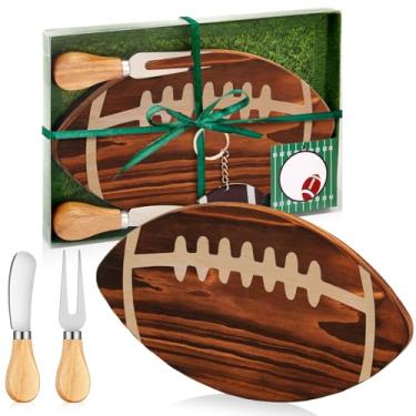 Imagem de Tábua de corte em forma de futebol americano conjunto de presente com facas de queijo para amantes de futebol temático decoração de festa suprimentos de lembrancinha (marrom, 24 x 14 cm)
