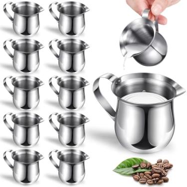 Imagem de Potchen Pacote com 12 cremes de aço inoxidável, 85 g, mini jarras de café e leite com alça e bico para servir expresso, chá, leite, xarope de bordo, molho