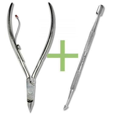 Imagem de Alicate de cutícula + espatula dupla em inox profissional para manicur