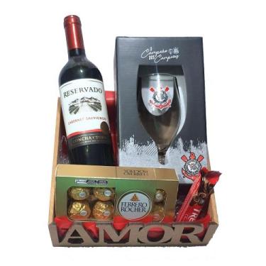 Imagem de Cesta Amor Corinthians Com Chocolates, Vinho E Taça Times De Futebol -