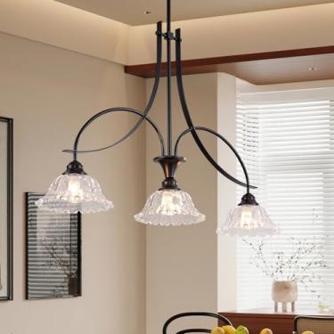 Imagem de BERHZIMD Luminárias pendentes vintage para ilha da cozinha, lustre de sala de jantar preto de 3 luzes com abajur de flor, luminária suspensa de altura ajustável para entrada de corredor