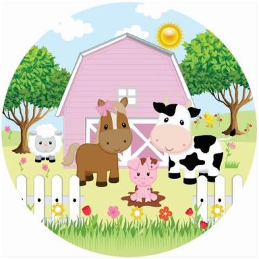 Imagem de Painel de Lona Redondo Fazendinha Rosa Animais e Jardim Menina - Fabri