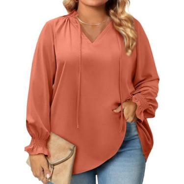 Imagem de Blusa feminina Eytino plus size, manga comprida, decote em V, chiffon,