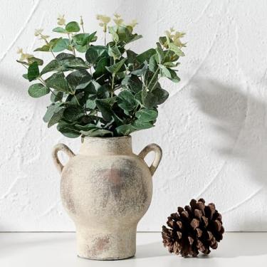 Imagem de LUKA Vaso de cerâmica antigo com 2 alças, vaso rústico de 18,5 cm, decoração minimalista, vasos decorativos para decoração de casa, mesa, sala de estar, prateleira, decoração de Natal (médio, cinza)