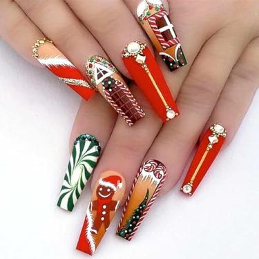 Imagem de Rilafuvu Pregos de Natal com caixão médio, unhas postiças de Natal com design de glitter, coroa de árvore vermelha e verde, cobertura completa, strass, unhas postiças, cola de inverno para mulheres e