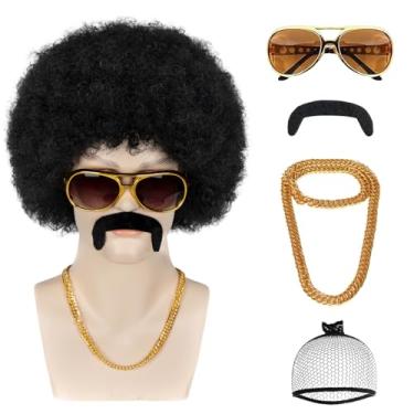Imagem de FCHLHFC Peruca Afro Masculina Anos 70 com Corrente de Óculos e Bigode Discoteca Discoteca Curto Encaracolado Cabelo Preto Natural Fofo para Festa Halloween Hippies Rocker (Preto Natural)