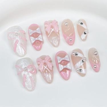 Imagem de Unhas postiças de luxo feitas à mão de amêndoa média com cola, 100% feitas à mão, unhas postiças com glitter, design de arte em arco 3D, unhas postiças grossas, multicamadas, gel rosa, reutilizáveis