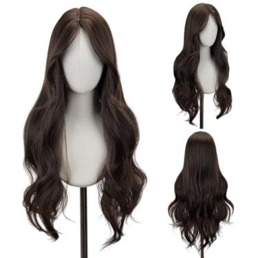 Imagem de STYLER Peruca marrom com franja para mulheres – Perucas castanhas onduladas de 66 cm de comprimento, cabelo sintético resistente ao calor, perucas de aparência natural para uso diário, Halloween