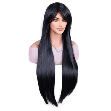 Imagem de BERON Peruca preta longa reta com franja lateral para mulheres, meninas, 76 cm, aparência natural, resistente ao calor, peruca sintética para cosplay, dia das bruxas, uso diário