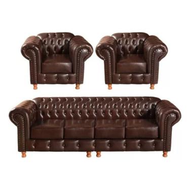 Imagem de Conjunto Sofá 4 Lugares E 2 Poltrona Chesterfield Luís Xv Vintage Retrô Capitonê Couro Marrom