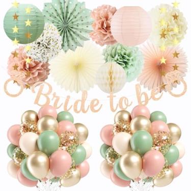 Imagem de Decorações de chá de panela verde sálvia e rosa empoeirado, faixa de noiva para ser, pompons de tecido, lanterna de papel, balões, ventilador de papel, bola de favo de mel para decorações de despedida