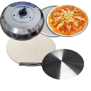 Imagem de Kit Pizza Pedra 35cm Pá Pizza Abafador Tela Pizza 35cm - Nacional