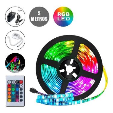Imagem de 2X Kit Fita Led Rgb 5050 Rolo 5M Com Fonte E Controle Econôm