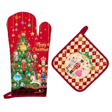 Imagem de Arquiel Conjunto de luvas de forno e suportes de panela para árvore de Natal, 2 peças, 100% algodão, resistentes ao calor, luvas de forno extralongas para cozinha, cozinha, decoração de panificação
