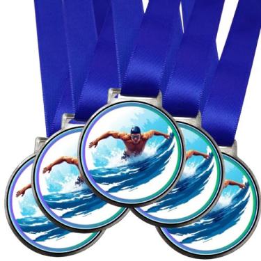 Imagem de Kit 15 Medalhas Para Campeão De Natação 35mm Com Fita Azul - Somedalha