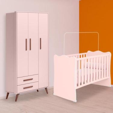 Imagem de Quarto Infantil Berço e Guarda Roupa Retrô 3P 2G Rosa - Qmovi