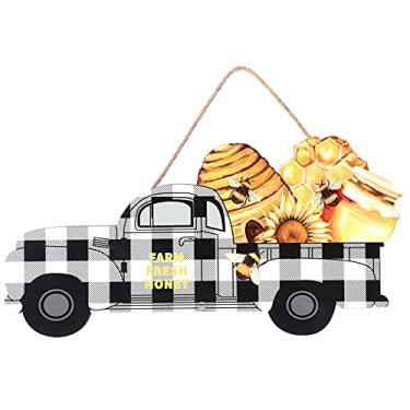 Imagem de Placa vintage de búfalo xadrez, caminhonete, abelha, caminhonete, pendurado, caminhonete, abelha, porta de fazenda, decoração de placa para cozinha, sala, fazenda, porta frontal, 30 cm