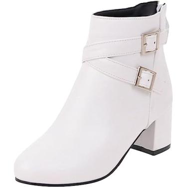 Imagem de Botas femininas de salto baixo para uso ao ar livre couro sintético inverno quente botas de cano curto botas de neve, Branco, 5