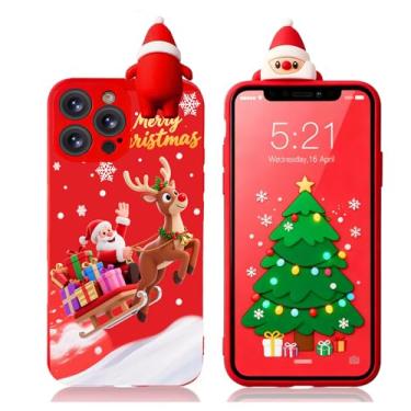 Imagem de Esakycn Capa de Natal para iPhone 14 Pro Max, capa de telefone de silicone vermelha 3D boneca brinquedo de Natal com design para meninas mulheres presente fina à prova de choque macia capa fofa para