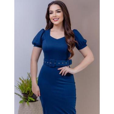 Imagem de Vestido Midi Social com Cinto Evangélico Manga Curta Bufante - Fashion