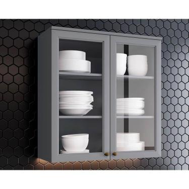 Imagem de Armário De Cozinha Modulado Americana 2 Portas Vidro 80cm Cinza - Henn