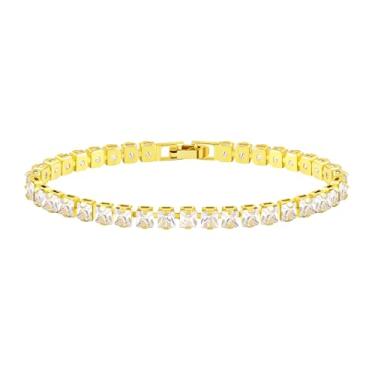 Imagem de Oneress Pulseira de tênis feminina CZ - zircônia cúbica, corrente minimalista brilhante joias modernas empilháveis pulseiras de tênis para mamãe avó senhoras YA6024, Gold CZ Tennis Bracelet, Latão