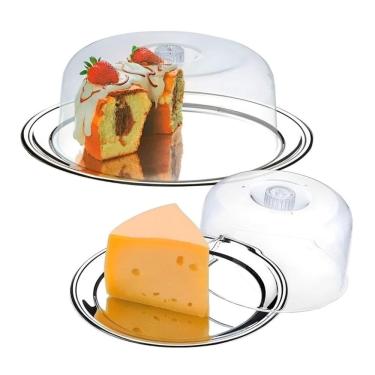 Imagem de Kit Boleira + Queijeira Bolo Queijo Base Prato Inox Acrílico