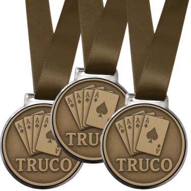 Imagem de Kit 10 Medalhas Para Jogo De Truco 50mm game de cartas baralho Com Fita Marrom