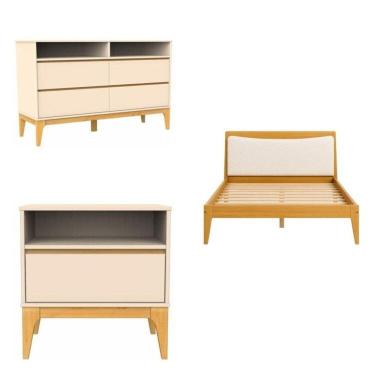 Imagem de Quarto Completo 1 Cama Casal Cabeceira Estofada 2 Mesas de Cabeceira 1 Cômoda 4 Gavetas Yescasa Cappuccino/Amêndoa