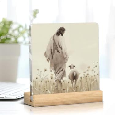 Imagem de Placa acrílica Jesus e ovelhas perdidas em um campo de flores silvestres, presentes de agradecimento de Jesus e ovelhas para mesa, prateleira, escritório, sala de estar, quarto, placa, decoração