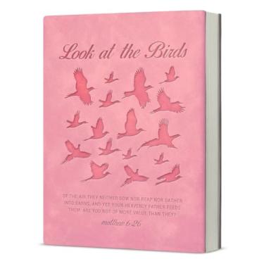 Imagem de Caderno de pássaros rosa com versículo da Bíblia religiosa, presentes espirituais para mulheres católicas, caderno de diário rosa com escrituras "Look at the Birds"