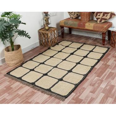 Imagem de ROYAL ARTS & CRAFTS Tapete de área de grade geométrica, juta branca natural com borda preta, acabamento de franja, design moderno de casa de fazenda (borda preta, tapete de 6 x 9 m)